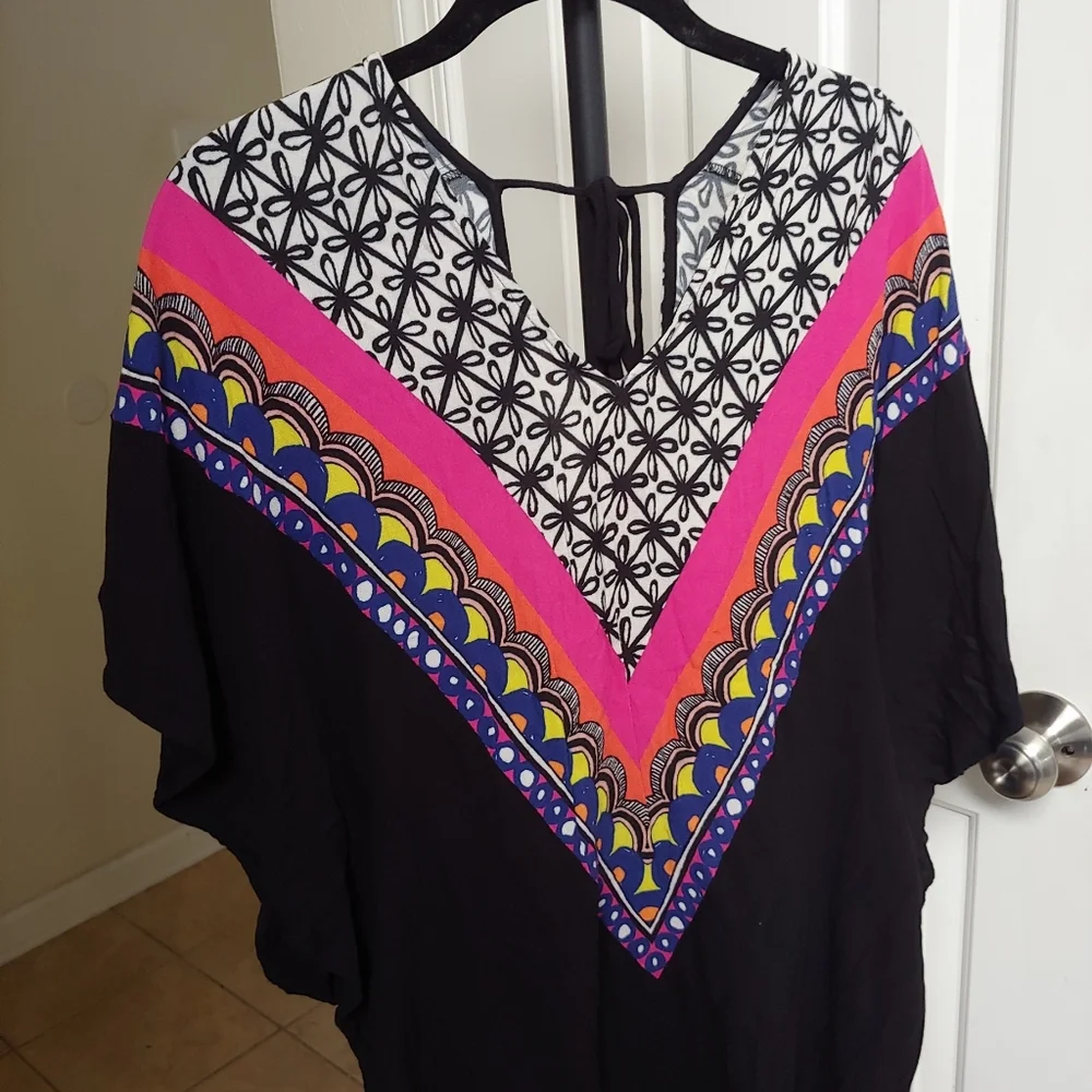 Trina Turk Black Swim Coverup with Pink and White Chevron Print